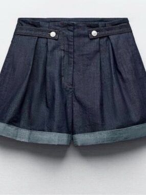 Zara Dark Indigo High-Waist Pleated Cuffed Shorts